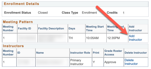 Screenshot of the Class Options Enrollment Details section with a red arrow pointing to the Add Instructor link.