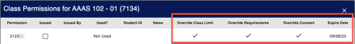 Screenshot of Class Permissions page in DukeHub Faculty Center. The columns Override Class Limit, Override Requirements, Override Consent, and Expire Date are in a box.