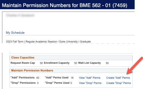 Screenshot of Maintain Permission Numbers page in DukeHub Faculty Center. An arrow points to the Create "Add" Perms link within the Maintain Permission Numbers section.