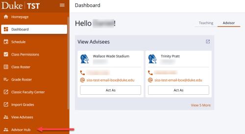 Screenshot of DukeHub Dashboard. An arrow points to Advisor Hub in the menu.