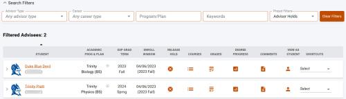 Screenshot of Advisor Hub with list of students filtered by Advisor Holds.