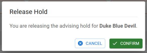 Screenshot of Release Hold popup message in Advisor Hub.