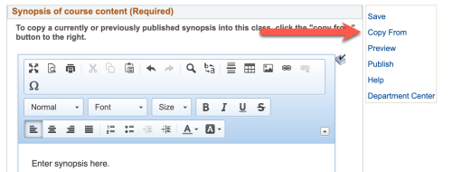 Screenshot of Course Synopsis Entry popup in DukeHub. An arrow points to the Copy From button.