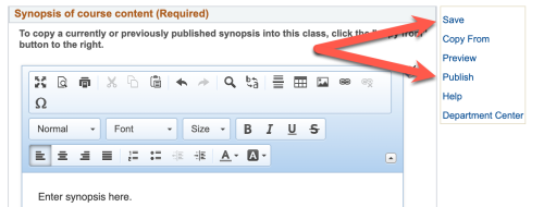 Screenshot of Course Synopsis Entry popup in DukeHub. Arrows point to the Save and Publish buttons.