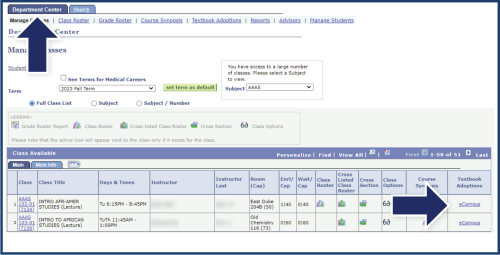 Screenshot of DukeHub Department Center with arrows pointing to the eCampus link in the Textbook Adoptions column.
