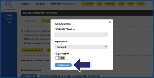 Screenshot of the Add Adoption popup in eCampus with an arrow pointing to the Add Adoption button.